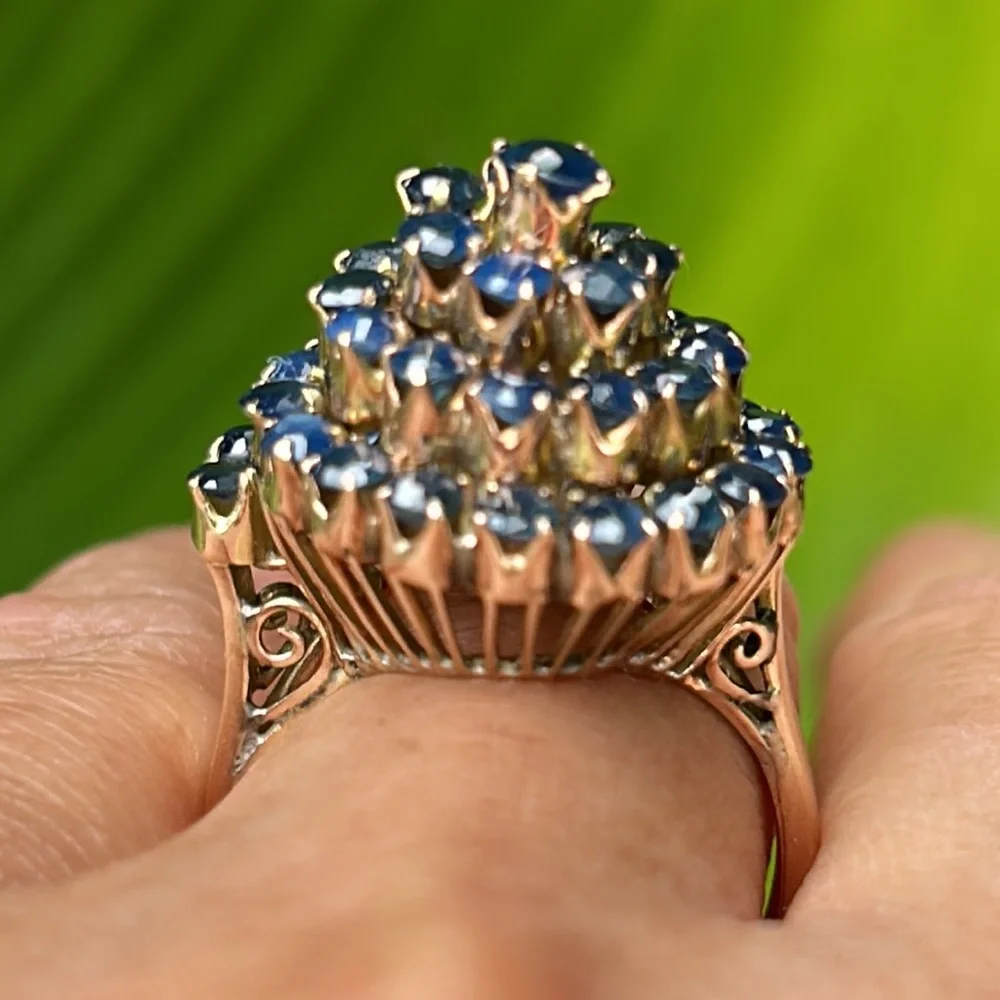 Sold-14K Yellow Gold Spiral Cluster Cocktail Natural Round Shape Blue Sapphire - Picture 6 of 17